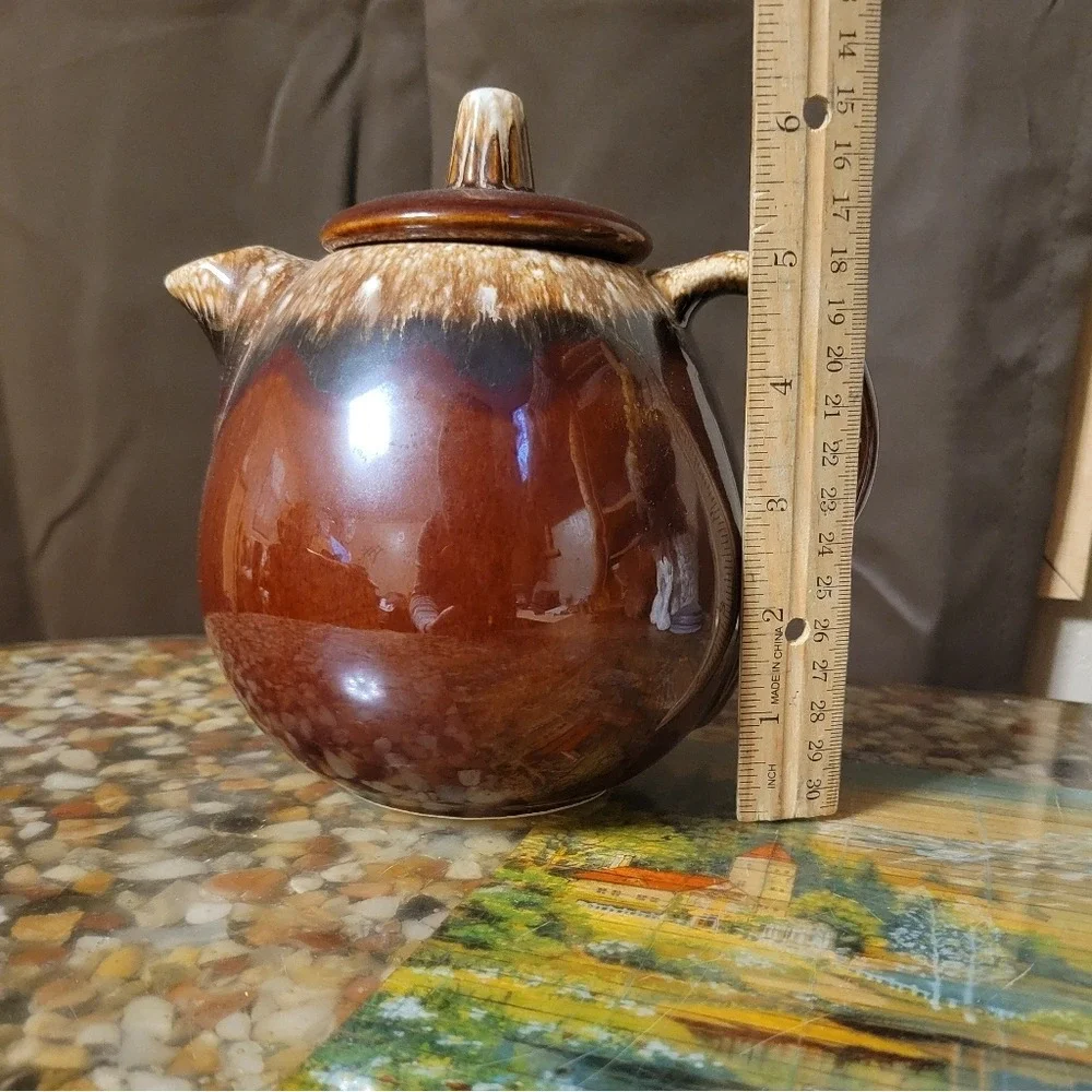 Vintage Hull Pottery Brown Drip Ball‎ Shaped Tea Pot & Lid with plate USA